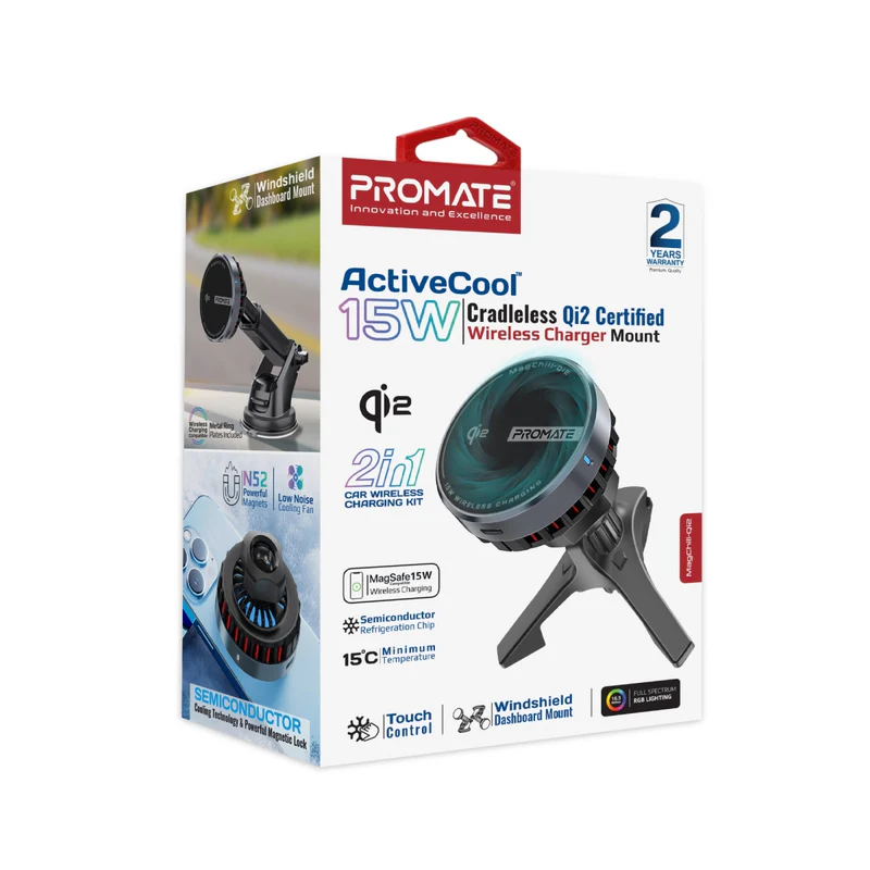 Promate MagChill-Qi2 ActiveCool Cradleless 15W Qi2 Certified Wireless SmartPhone Charger Mount Promate MagChill-Qi2 ActiveCool Cradleless 15W Qi2 Certified Wireless SmartPhone Charger Mount